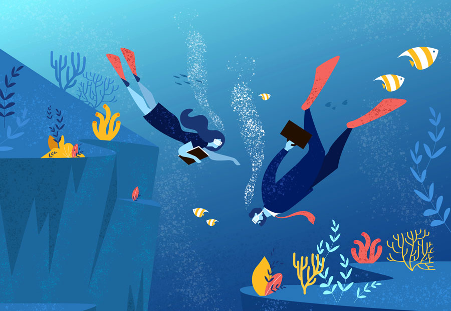Two scuba divers are exploring an underwater seascape teeming with marine life. They swim among colorful coral, plants, and fish, with bubbles trailing behind them, suggesting the tranquility and beauty of the ocean depths. The scene is set against a gradient of blue hues, evoking the serene and mysterious atmosphere of the underwater world.