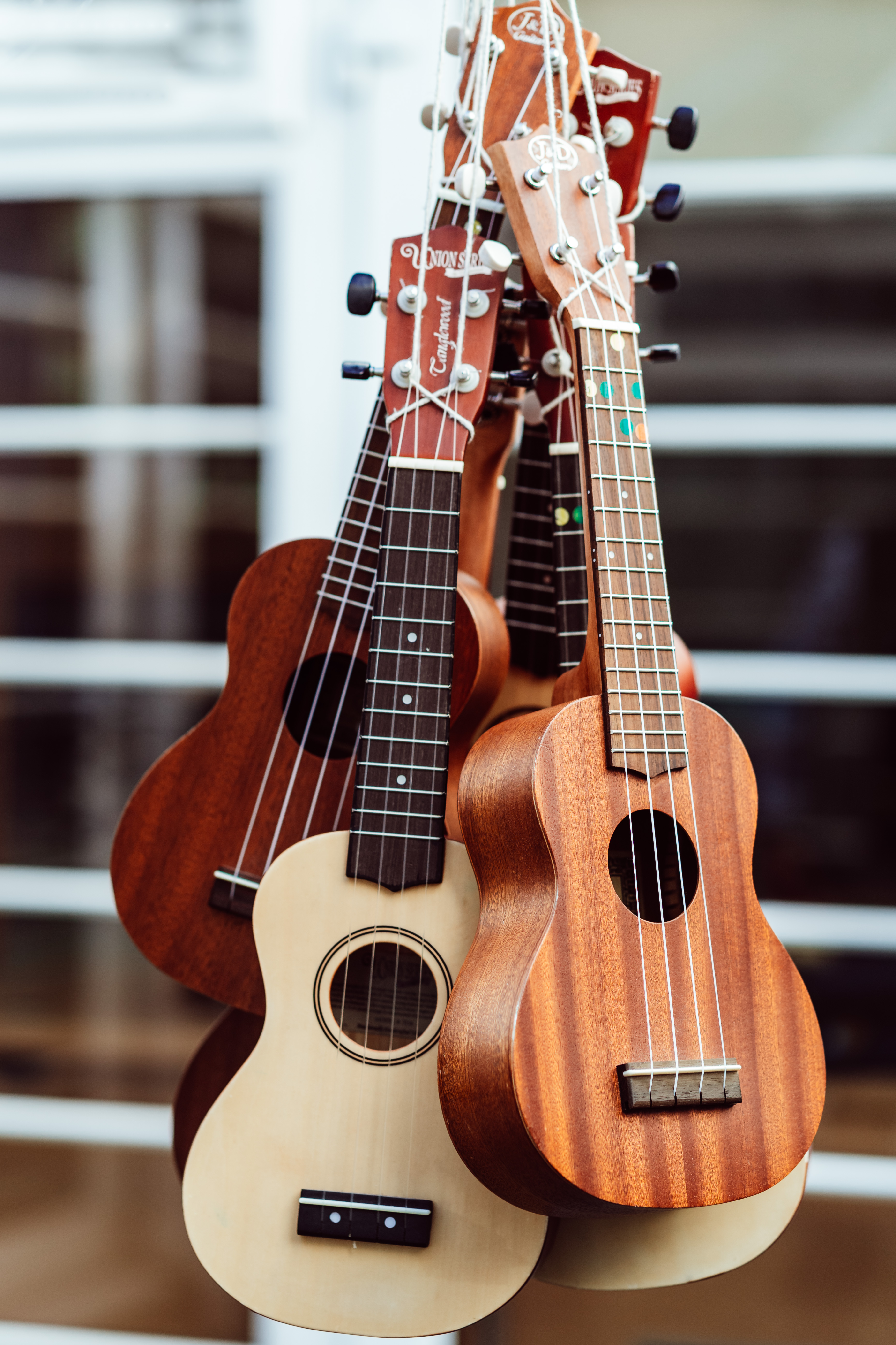 A few ukuleles are hanging together
