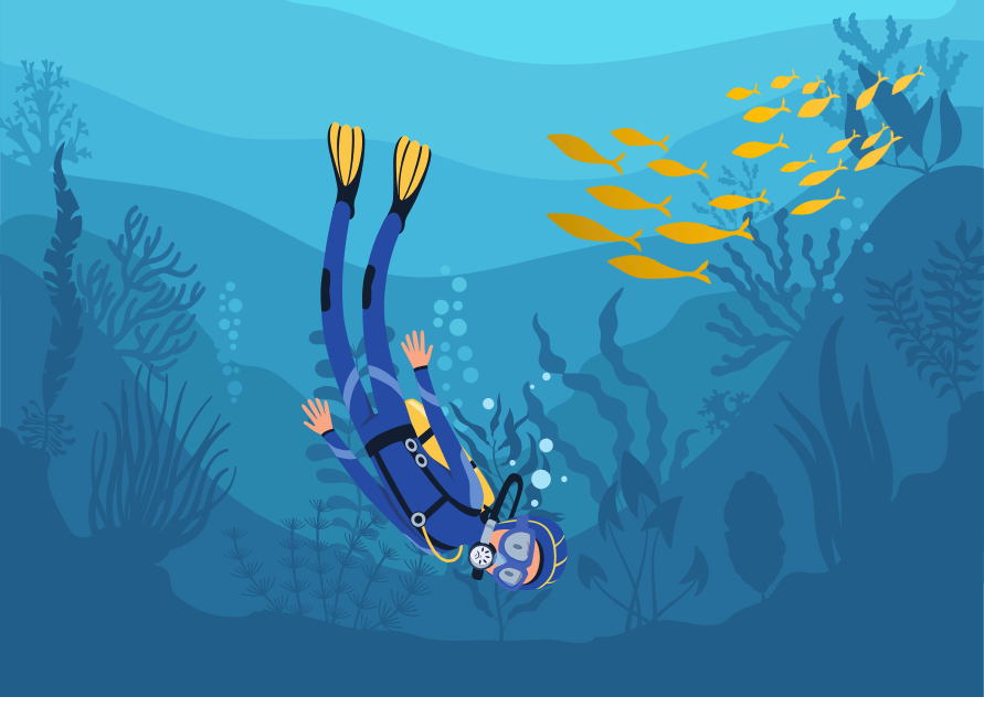 A cartoon diver is swimming among the reef as a pun on the phrase "Ofsted Deep Dive"